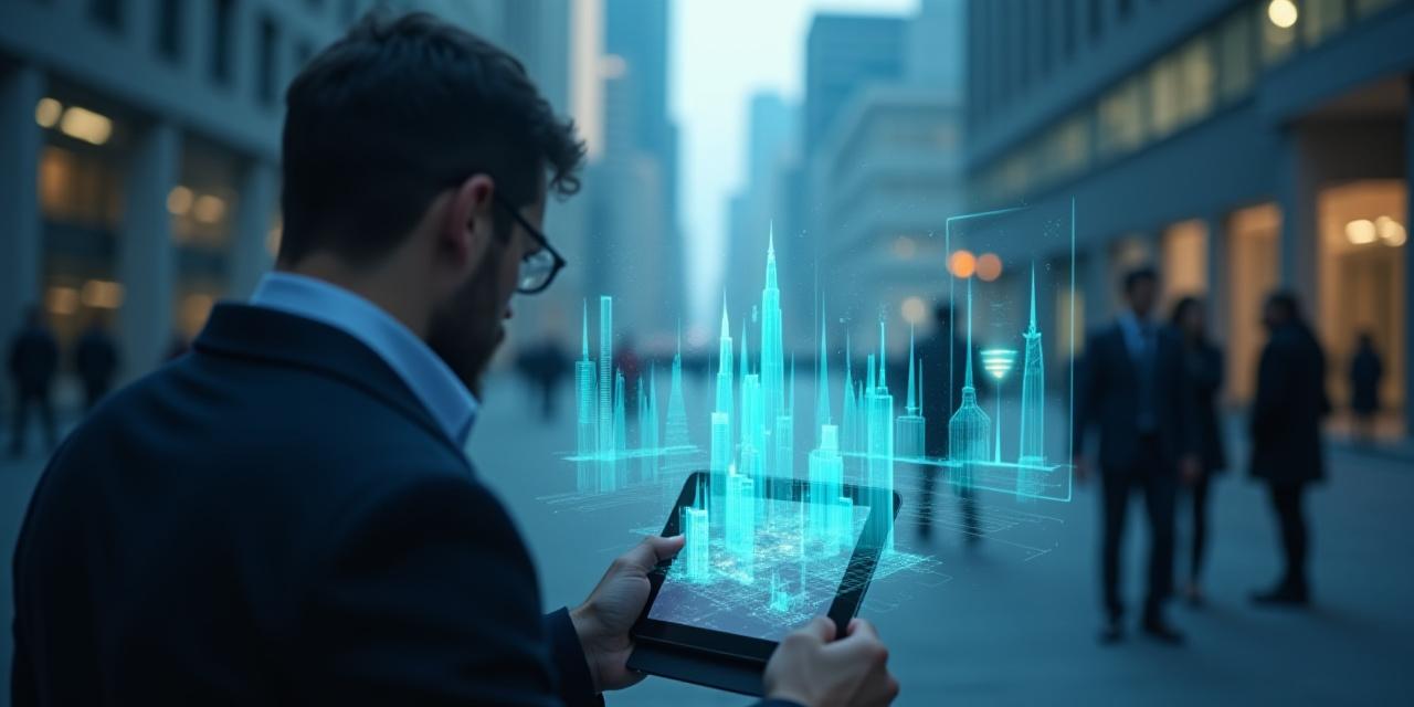 タブレット越しにARで表示された未来のビル群を見る建築家